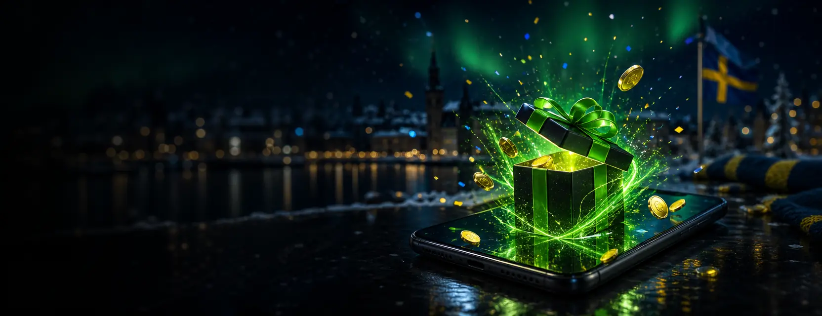 Smartphone on a dark table with a black gift box with a green ribbon popping out of the screen among golden coins