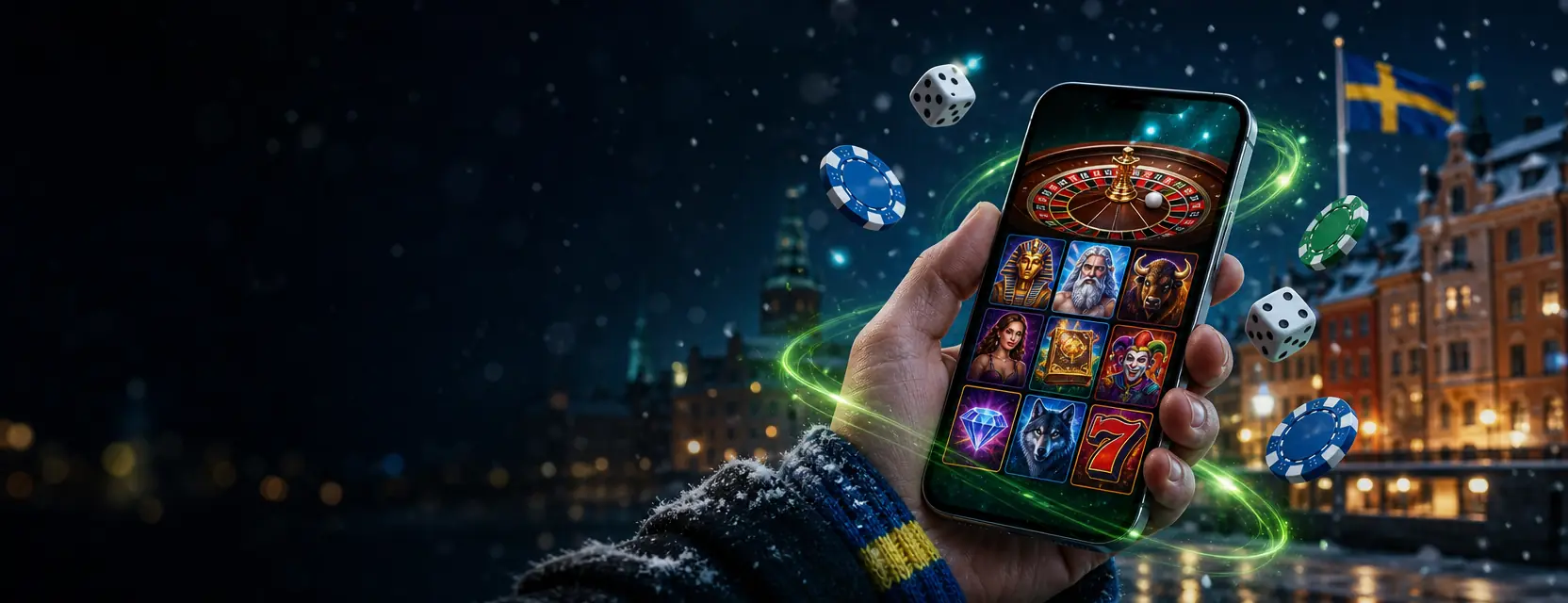 Hand holding a smartphone with a casino lobby of slots and roulette, surrounded by chips and dice, with Gamla Stan in the background