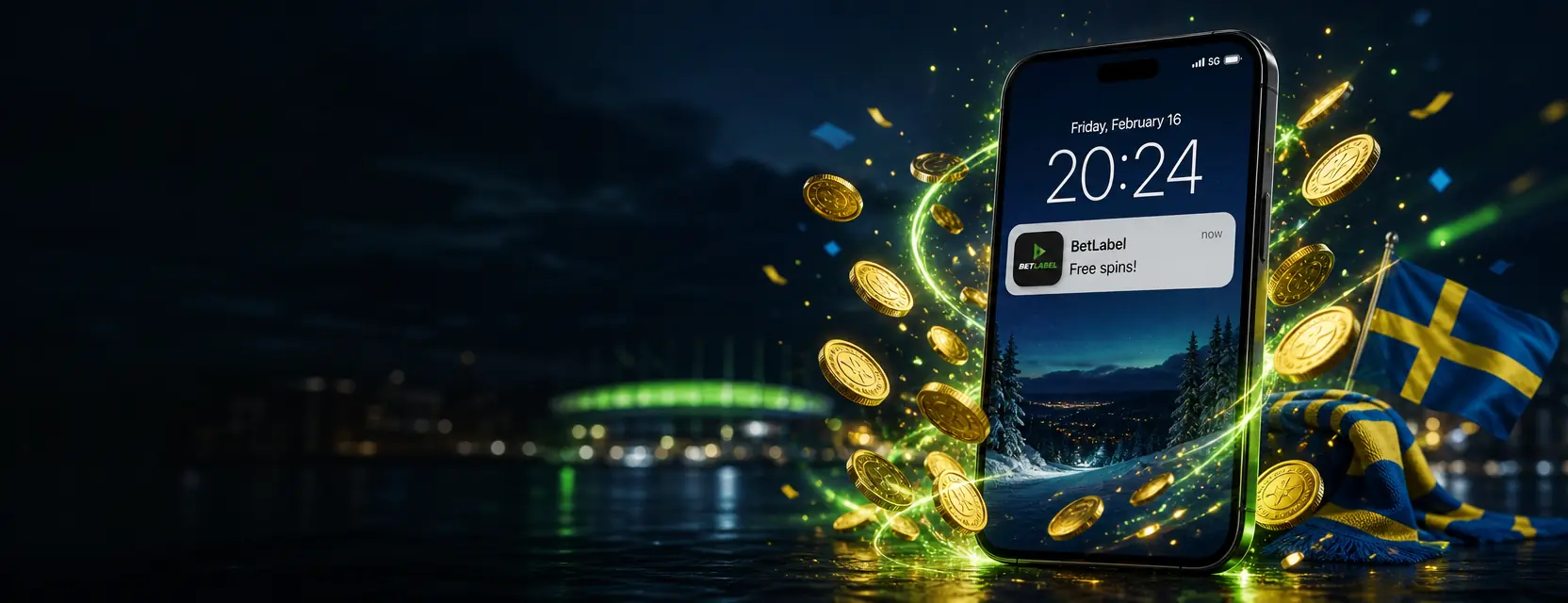 Smartphone with a BetLabel app notification reading Free spins! and golden coins bursting from the screen