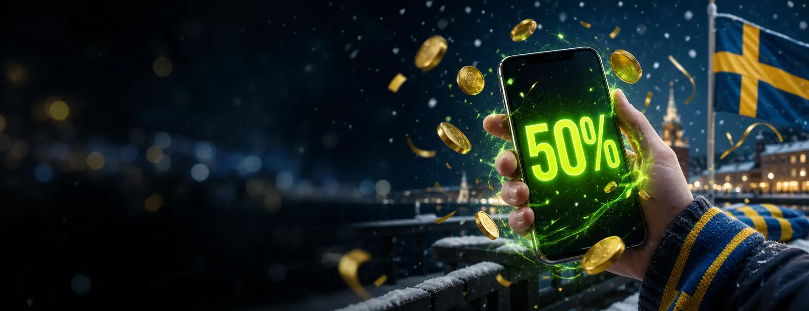 Hand holding a smartphone showing a large glowing green 50% with golden coins