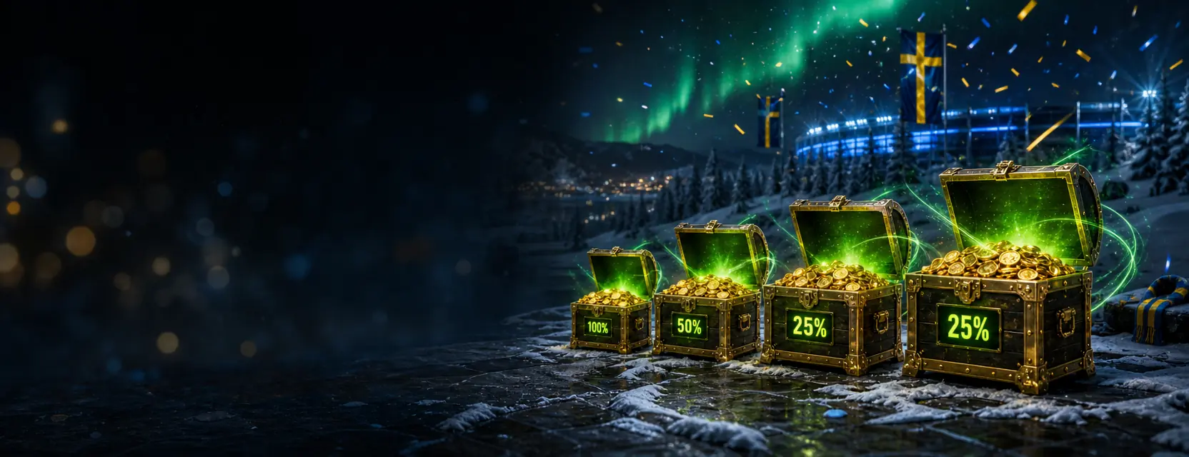Four golden treasure chests growing in size with tags reading 100%, 50%, 25% and 25%, full of coins