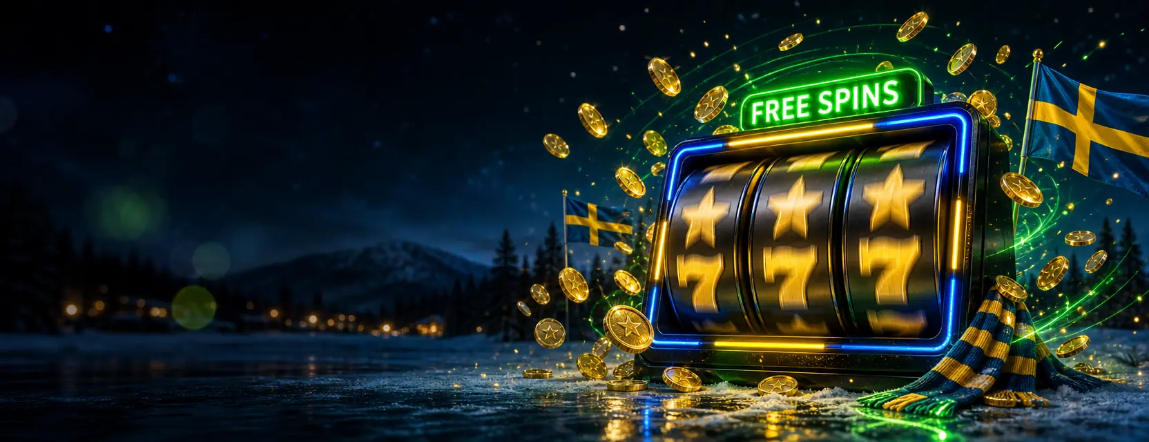 Glowing slot reels with stars and sevens under a FREE SPINS sign, with golden coins flying out
