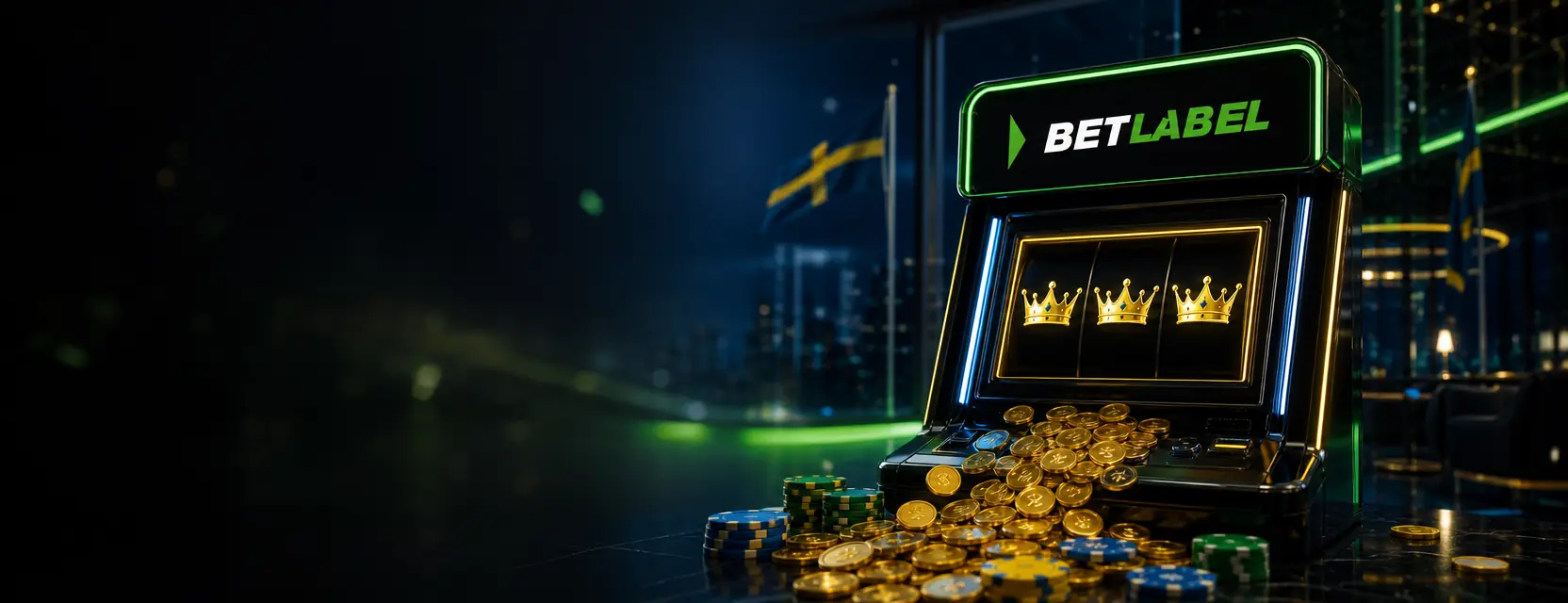 Modern black slot machine with the BetLabel logo on its sign, three golden crowns on the screen, chips and golden coins