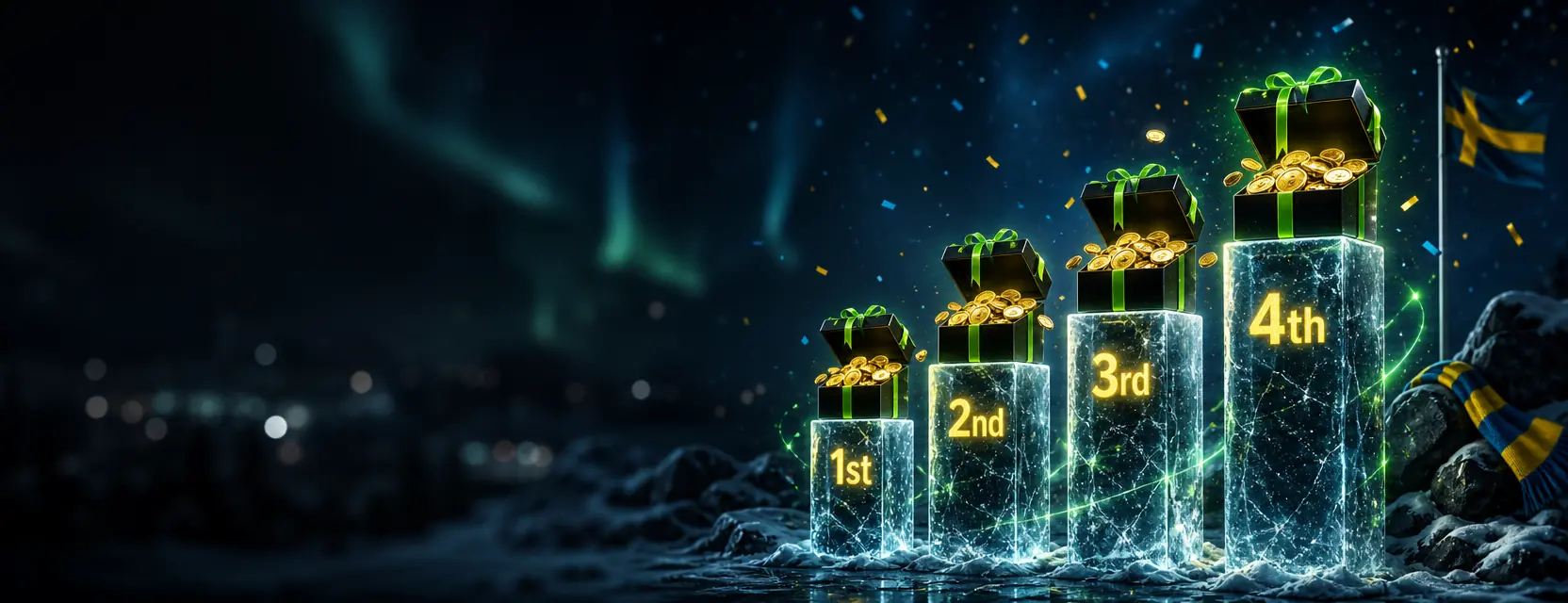 Four rising ice-crystal pillars labelled 1st, 2nd, 3rd and 4th with open gift boxes full of golden coins