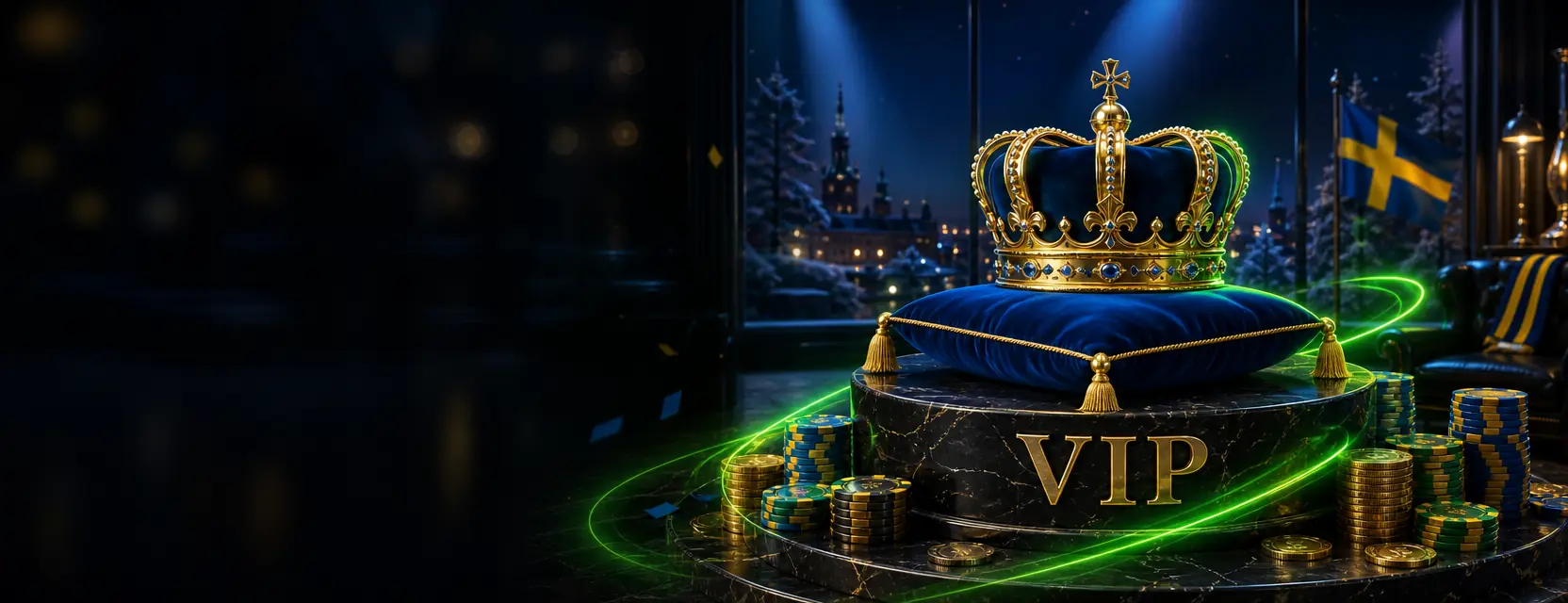 Golden crown on a blue velvet cushion on a black marble pedestal engraved VIP, among chips and coins