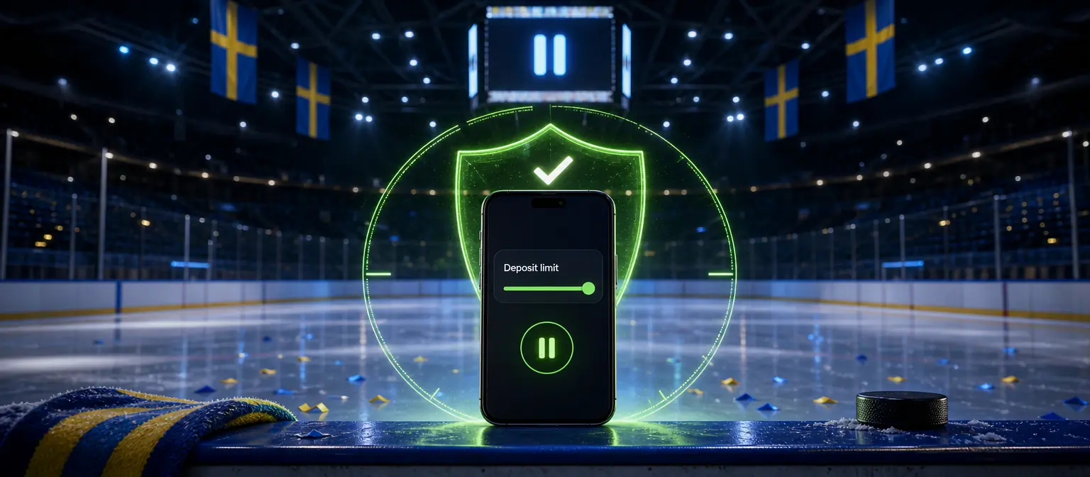Smartphone with a Deposit limit slider and a green shield hologram on the rink side of an empty ice hockey arena, a pause sign on the scoreboard