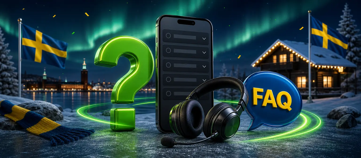 Large green question mark next to a smartphone with a help screen, a headset and a speech bubble reading FAQ