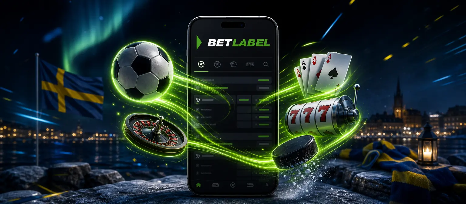 Smartphone with the BetLabel logo and a football, a roulette wheel, playing cards, slot reels and a hockey puck flowing out of the screen