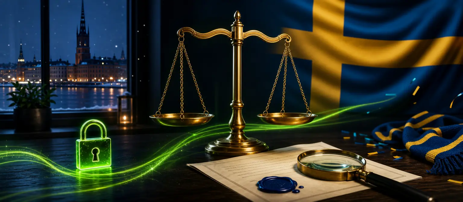 Golden scales of justice, a document with a blue wax seal under a magnifying glass and a Swedish flag in the background