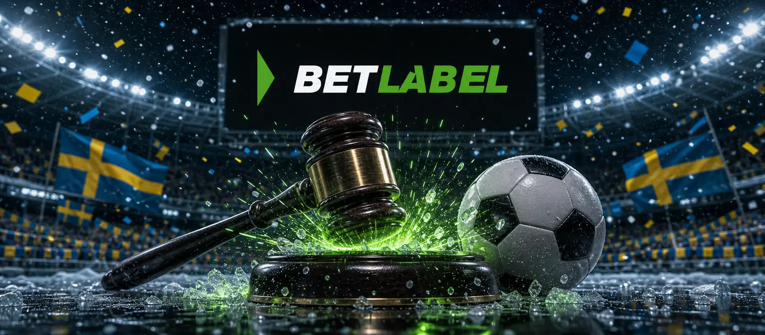Judge gavel striking its block next to a football in a floodlit stadium, with the BetLabel logo on the big screen