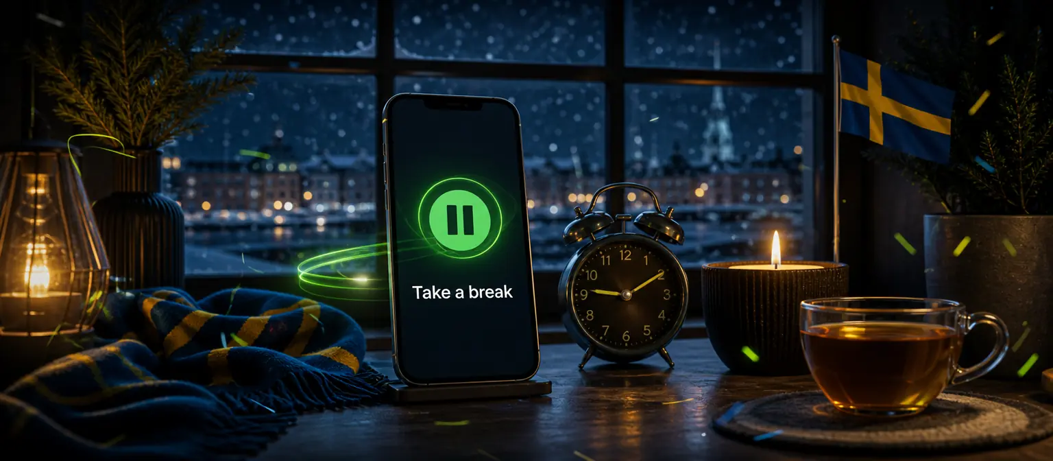 Smartphone with a Take a break reminder, an alarm clock, a candle and a cup of tea by a snowy window
