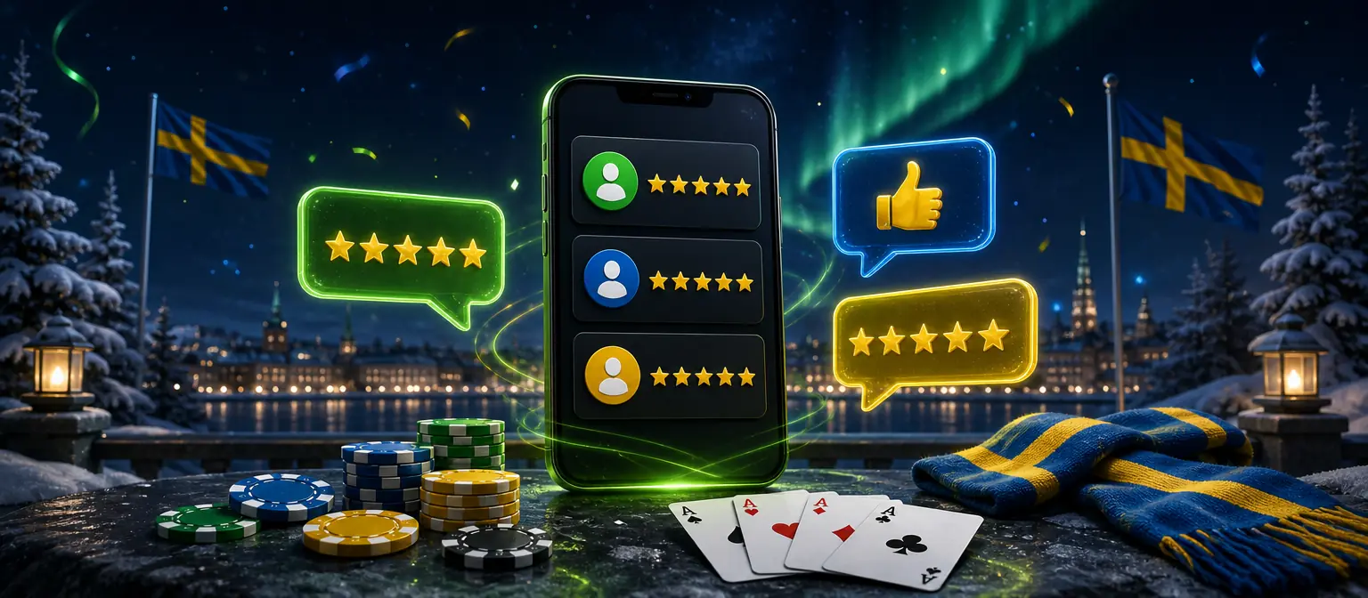 Smartphone with player review cards and gold stars, surrounded by colourful speech bubbles