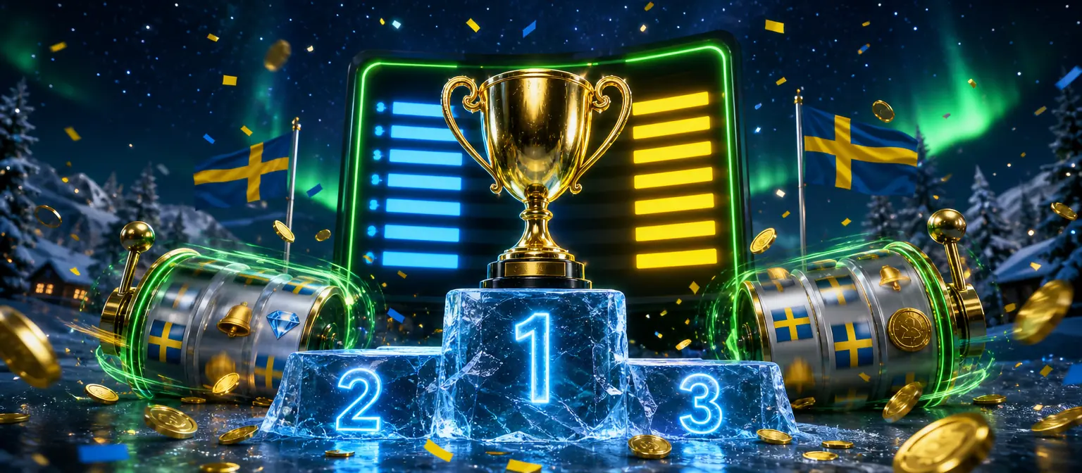 Golden trophy on an ice-crystal podium with steps 1, 2 and 3, slot reels and a glowing leaderboard